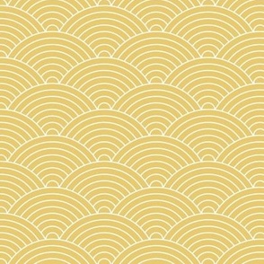 Japanese minimalist ocean waves traditional block print pattern curved rainbows spring summer white on sunshine yellow