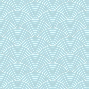 Japanese minimalist ocean waves traditional block print pattern curved rainbows spring summer white on teal blue