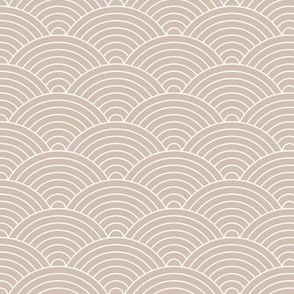 Japanese minimalist ocean waves traditional block print pattern curved rainbows spring summer white on tan beige