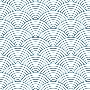 Japanese minimalist ocean waves traditional block print pattern curved rainbows spring summer blue on white