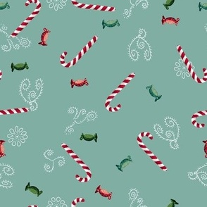 Christmas Candy canes and sweets on blue, medium 8 in