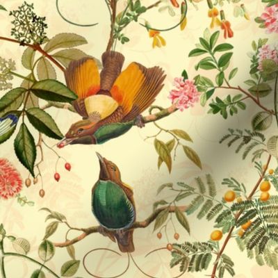 Vintage Birds of Paradise in the Nostalgic Tropical Flower Greenery Jungle - sunny light yellow - double layer