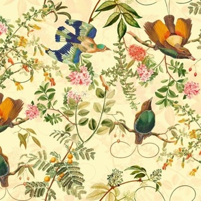 Vintage Birds of Paradise in the Nostalgic Tropical Flower Greenery Jungle - sunny light yellow - double layer