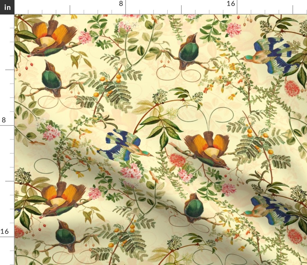 Vintage Birds of Paradise in the Nostalgic Tropical Flower Greenery Jungle - sunny light yellow - double layer