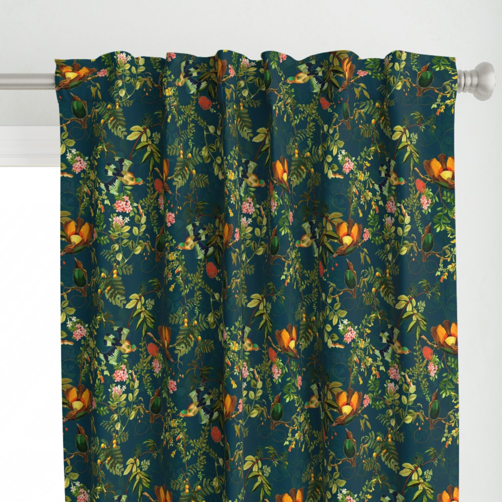 Vintage Birds of Paradise in the Nostalgic Tropical Flower Greenery Jungle - Teal double layer