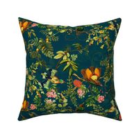 Vintage Birds of Paradise in the Nostalgic Tropical Flower Greenery Jungle - Teal double layer