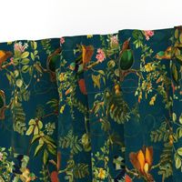 Vintage Birds of Paradise in the Nostalgic Tropical Flower Greenery Jungle - Teal double layer