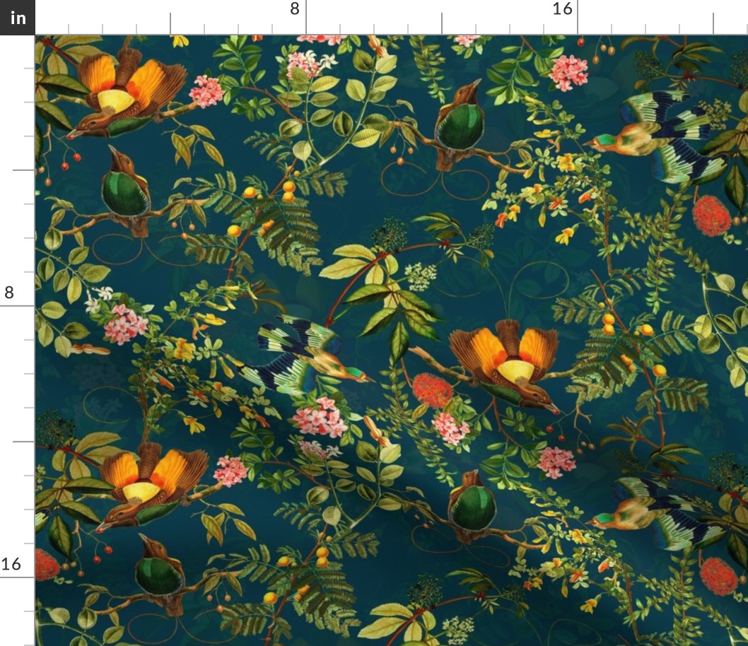 Vintage Birds of Paradise in the Nostalgic Tropical Flower Greenery Jungle - Teal double layer