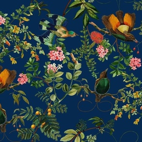 Vintage Birds of Paradise in the Nostalgic Tropical Flower Greenery Jungle -Dark Moody Floral blue night blue