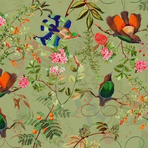 Vintage Birds of Paradise in the Nostalgic Tropical Flower Greenery Jungle - sage double layer