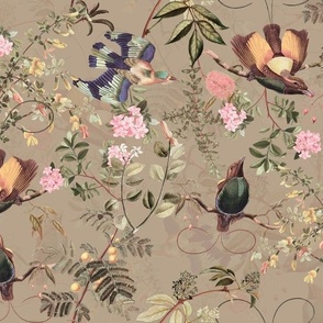 Vintage Birds of Paradise in the Nostalgic Tropical Flower Greenery Jungle - sepia tanned double layer