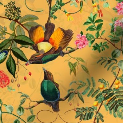 Vintage Birds of Paradise in the Nostalgic Tropical Flower Greenery Jungle - sunny orange- double layer