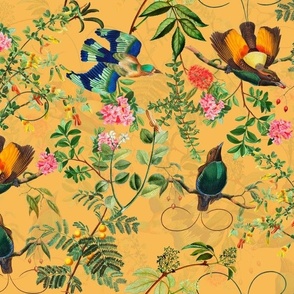 Vintage Birds of Paradise in the Nostalgic Tropical Flower Greenery Jungle - sunny orange- double layer