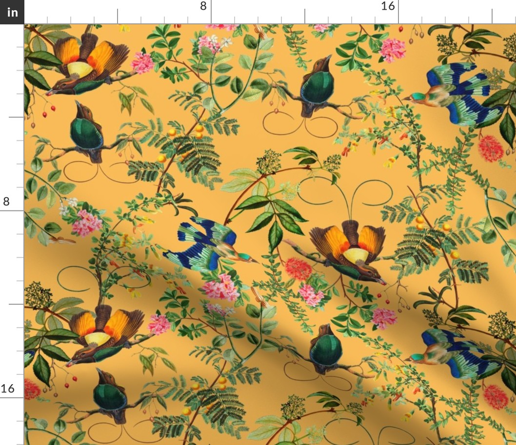 Vintage Birds of Paradise in the Nostalgic Tropical Flower Greenery Jungle - sunny orange