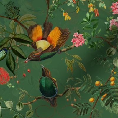 Vintage Birds of Paradise in the Nostalgic Tropical Flower Greenery Jungle - green double layer