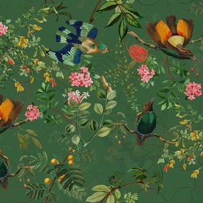 Vintage Birds of Paradise in the Nostalgic Tropical Flower Greenery Jungle - green double layer