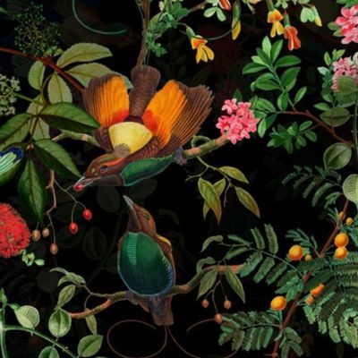 Vintage Birds of Paradise in the Nostalgic Tropical Flower Greenery Jungle - black 