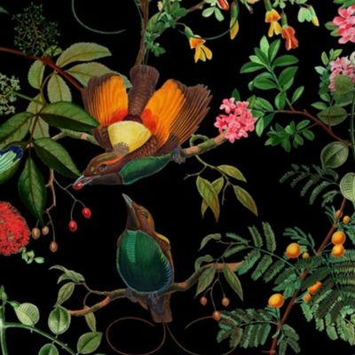 Vintage Birds of Paradise in the Nostalgic Dark Moody Floral Tropical Flower Greenery Jungle - black double layer