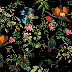 Vintage Birds of Paradise in the Nostalgic Dark Moody Floral Tropical Flower Greenery Jungle - black double layer
