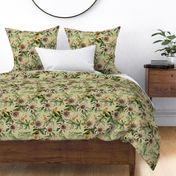 vintage tropical passionflowers, antique green leaves and nostalgic beautiful blossoms   Tropical jungle fabric, - sepia green  double layer Fabric