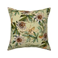 vintage tropical passionflowers, antique green leaves and nostalgic beautiful blossoms   Tropical jungle fabric, - sepia green