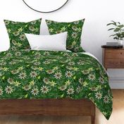 vintage tropical passionflowers, antique green leaves and nostalgic beautiful blossoms   Tropical jungle fabric, - dark green  double layer Fabric