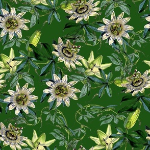 vintage tropical passionflowers, antique green leaves and nostalgic beautiful blossoms   Tropical jungle fabric, - dark green