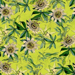 vintage tropical passionflowers, antique green leaves and nostalgic beautiful blossoms   Tropical jungle fabric, - lemon green  double layer Fabric