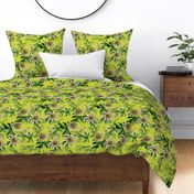 vintage tropical passionflowers, antique green leaves and nostalgic beautiful blossoms   Tropical jungle fabric, - lemon green Fabric