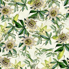 vintage tropical passionflowers, antique green leaves and nostalgic beautiful blossoms   Tropical jungle fabric, - off white  double layer Fabric