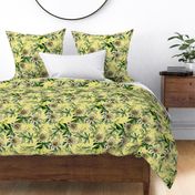 vintage tropical passionflowers, antique green leaves and nostalgic beautiful blossoms   Tropical jungle fabric, - sunny yellow Fabric double layer