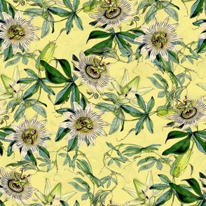 vintage tropical passionflowers, antique green leaves and nostalgic beautiful blossoms   Tropical jungle fabric, - sunny yellow Fabric double layer