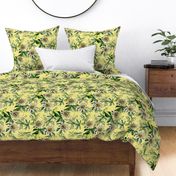 vintage tropical passionflowers, antique green leaves and nostalgic beautiful blossoms   Tropical jungle fabric, - sunny yellow Fabric