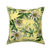 vintage tropical passionflowers, antique green leaves and nostalgic beautiful blossoms   Tropical jungle fabric, - sunny yellow Fabric