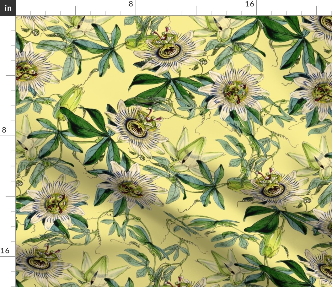 vintage tropical passionflowers, antique green leaves and nostalgic beautiful blossoms   Tropical jungle fabric, - sunny yellow Fabric