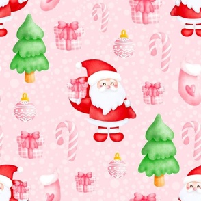 Large Scale Christmas Santa Candy Canes Holiday Gifts and Trees on Pink