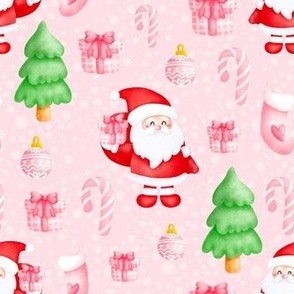 Medium Scale Christmas Santa Candy Canes Holiday Gifts and Trees on Pink