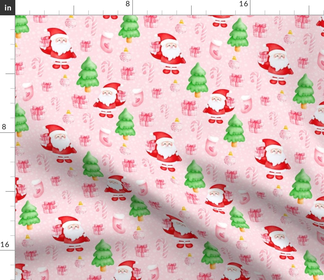 Medium Scale Christmas Santa Candy Canes Holiday Gifts and Trees on Pink
