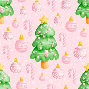Large Scale Christmas Trees Candy Canes Holiday Ornaments on Pink