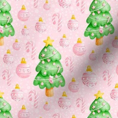 Medium Scale Christmas Trees Candy Canes Holiday Ornaments on Pink
