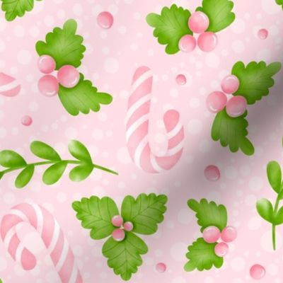 Large Scale Green Christmas Holly Pink Berries and Candy Canes on Pink