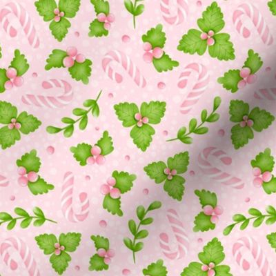 Medium Scale Green Christmas Holly Pink Berries and Candy Canes on Pink