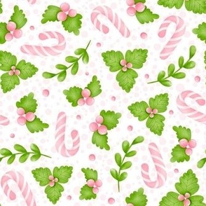 Medium Scale Green Christmas Holly Pink Berries and Candy Canes