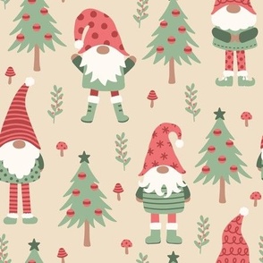 Cute Christmas Gnomes on Tan (Large Scale)