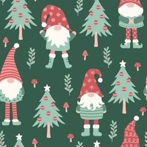 Cute Christmas Gnomes on Dark Green (Large Scale)