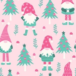Cute Christmas Gnomes on Pink (Large Scale)