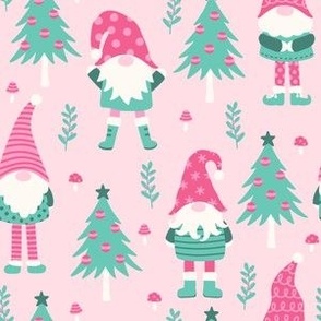Cute Christmas Gnomes on Pink (Small Scale)