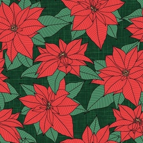 Pretty Poinsettias: Red on Dark Green (Large Scale)