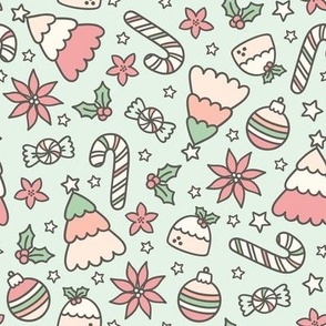 Cute Christmas Doodles on Mint (Large Scale)