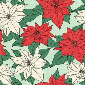 Pretty Poinsettias: Red & White on Mint (Large Scale)
